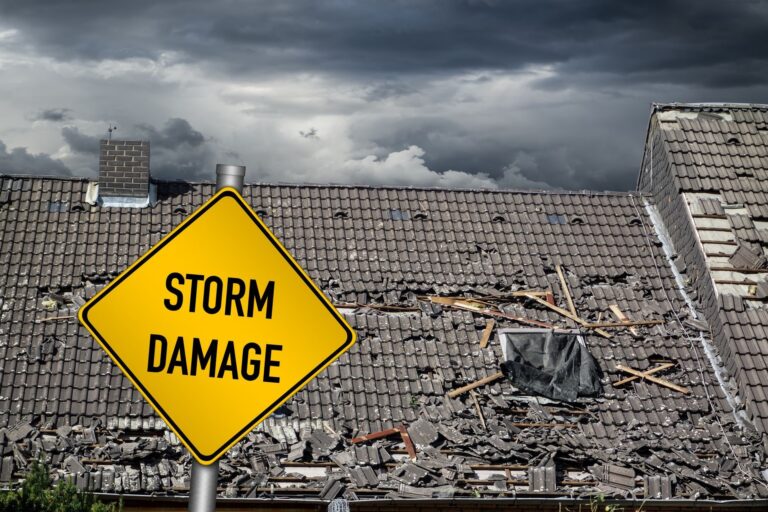 Emergency repair of a roof from storm damage.